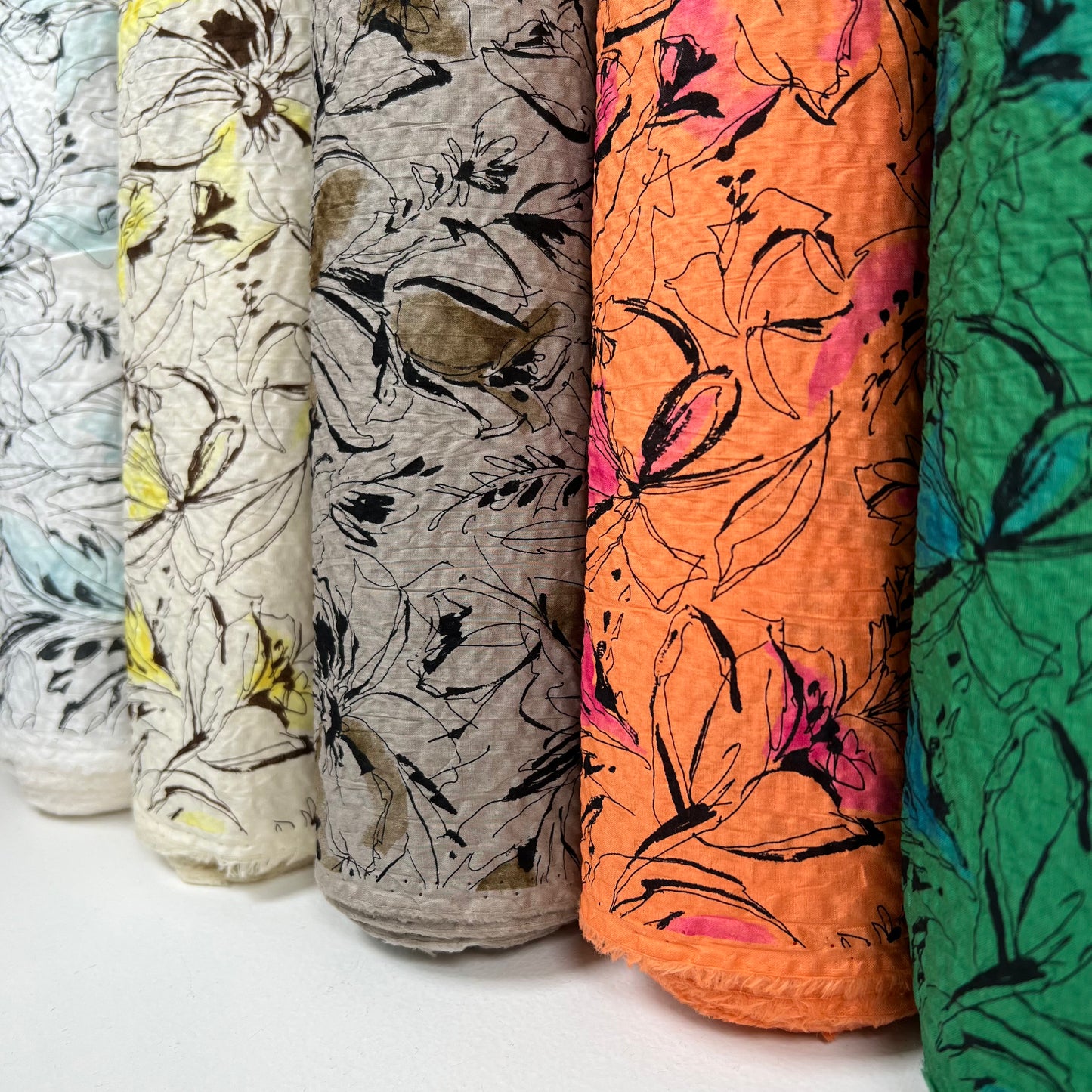 Printed Lawn Shrink Finish - Miracle Wave - Oeko-Tex® - Japanese Import - Abstract Floral I - Black / Seafoam / White