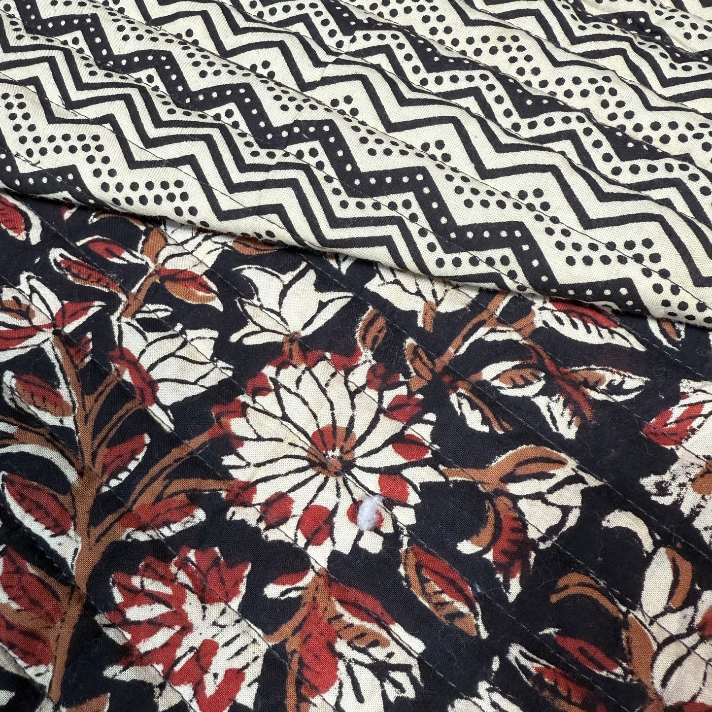 Ebony Blossom Vine + River Current Ebony - Quilted Bagru Indian Cotton Block Print (Reversible)