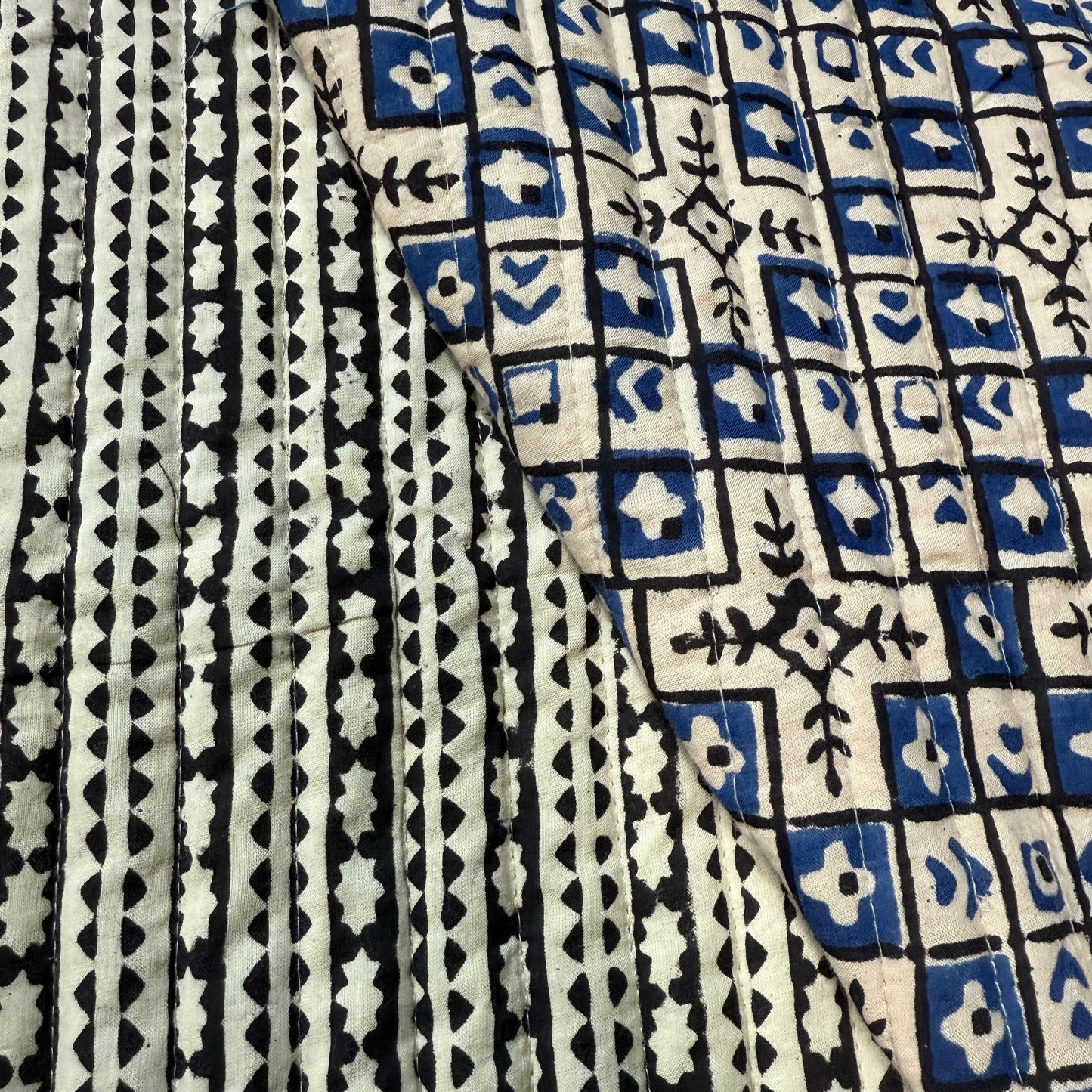 Mosaic Grid + Ebony Echo - Quilted Bagru Indian Cotton Block Print (Reversible)