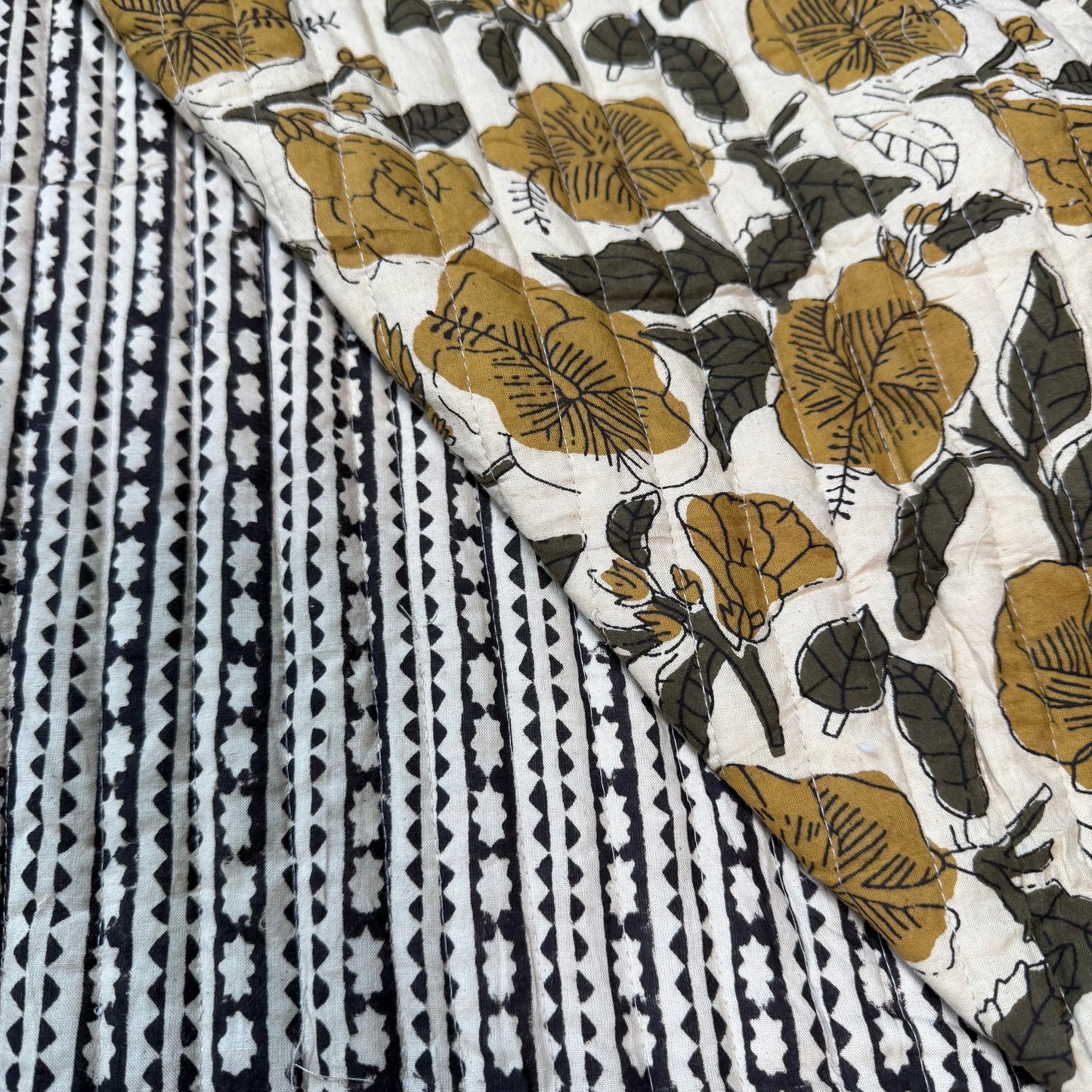 Ebony Echo + Olive Bloom Cream - Quilted Bagru Indian Cotton Block Print (Reversible)