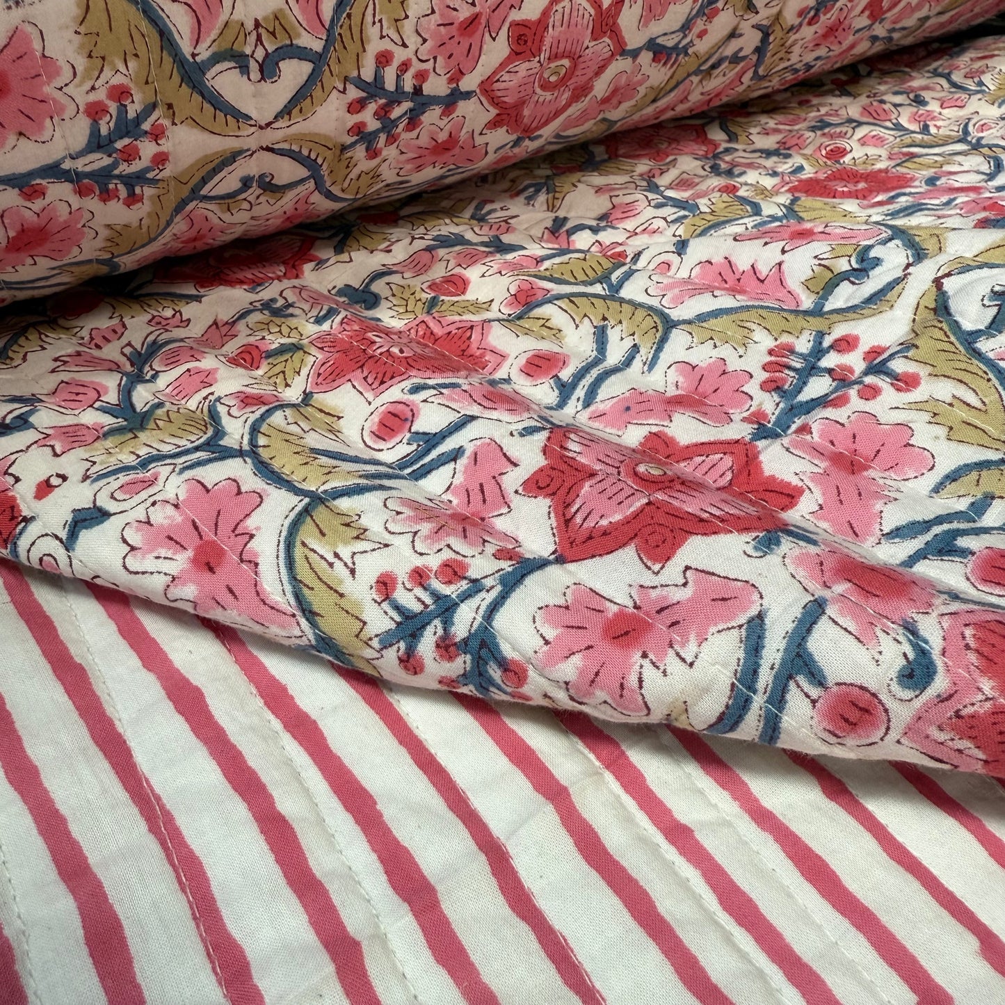 Pink Stripe + Ranis Rose - Quilted Bagru Indian Cotton Block Print (Reversible)