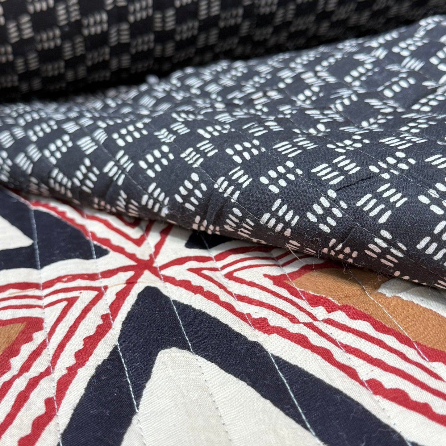 Zig Delta Caramel/Terra + Dashwork - Quilted Bagru Indian Cotton Block Print (Reversible)