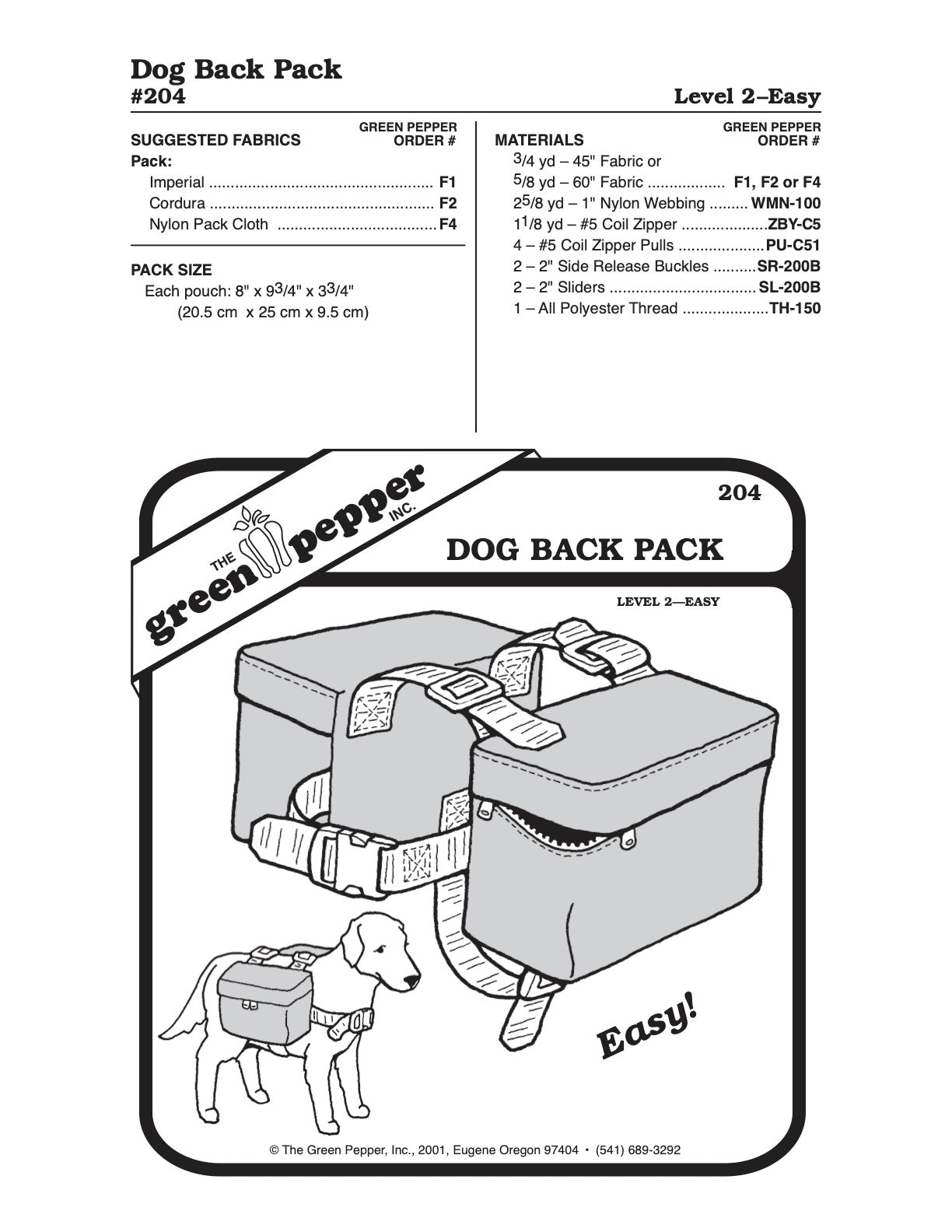 Dog Back Pack Pattern - 204 - The Green Pepper Patterns - Simplifi Fabric