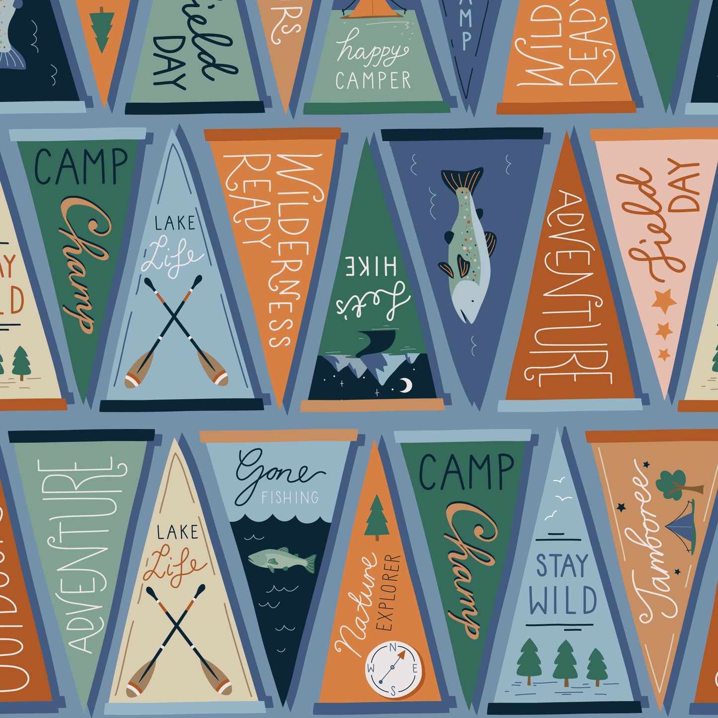 Field Pennants - Blue - Backwoods and Boots - Softly Studio - Cloud 9 Fabrics - Poplin