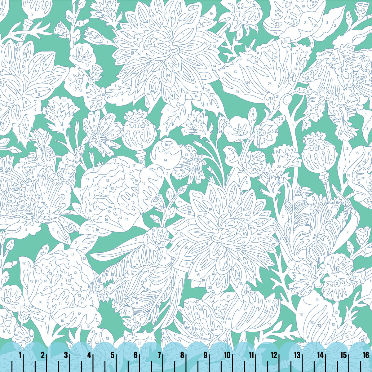 Fêtes Des Fleurs - Turquoise - Paint-By-Number Garden Party - Elle Crée - Cloud 9 Fabrics - Poplin