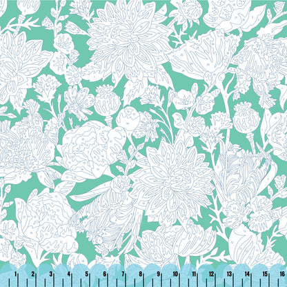 Fêtes Des Fleurs - Turquoise - Paint-By-Number Garden Party - Elle Crée - Cloud 9 Fabrics - Poplin
