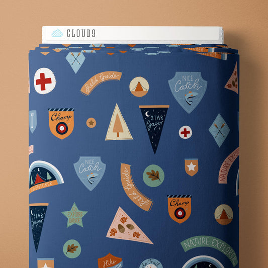 Adventure Club Campout - Blue - Backwoods and Boots - Softly Studio - Cloud 9 Fabrics - Poplin