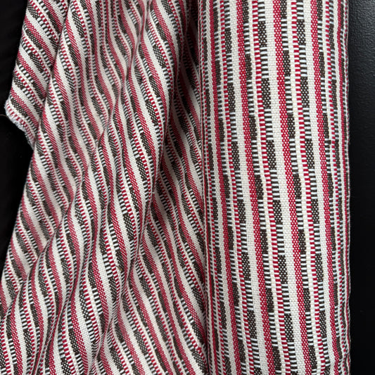 The Heritage Stripe Collection - Jacquard Tapestry showcasing a rustic brown, red, and natural fabric with textured hand-loomed feel, ideal for bags, jackets, and home decor.