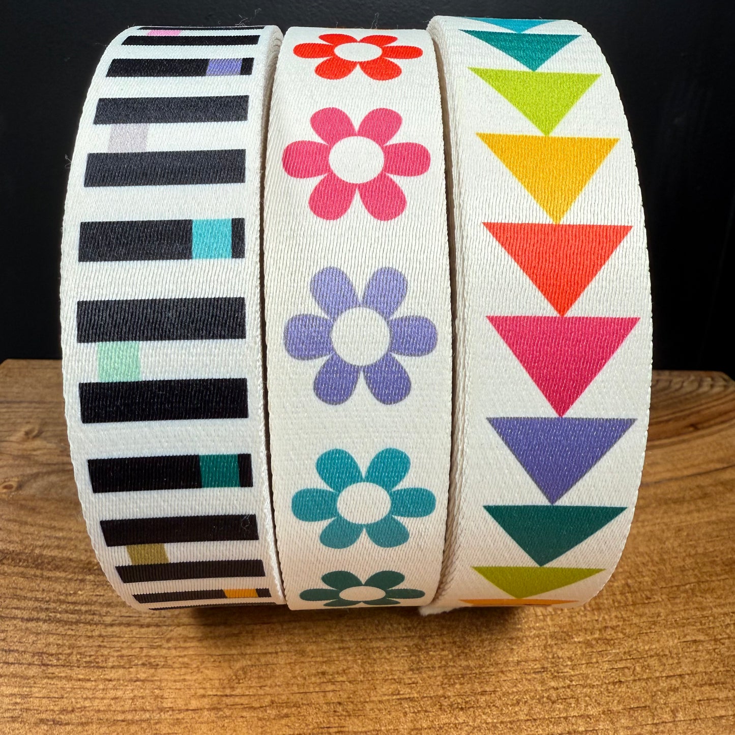 Rainbow Black Stripe Webbing - Two Stitches Patterns - 38mm/ 1.5" (sold by the meter)