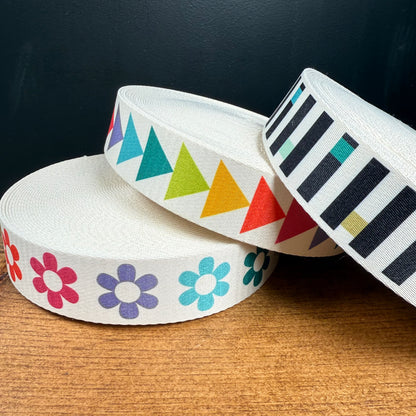 Rainbow Black Stripe Webbing - Two Stitches Patterns - 38mm/ 1.5" (sold by the meter)