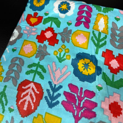 Pixel Garden Light Blue - Bagru Indian Cotton Screen Print