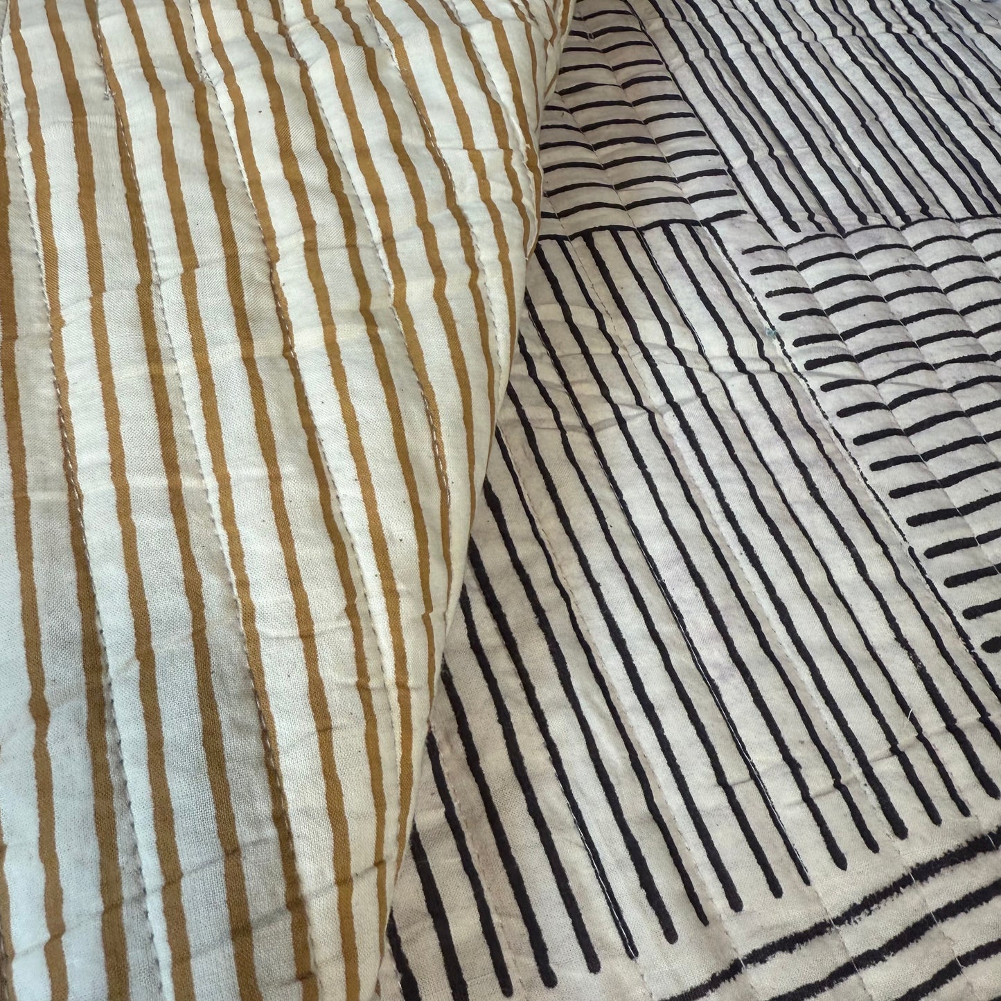 Modern Weave Black/Parchment + Sahara Lines Gold - Quilted Bagru Indian Cotton Block Print (Reversible)