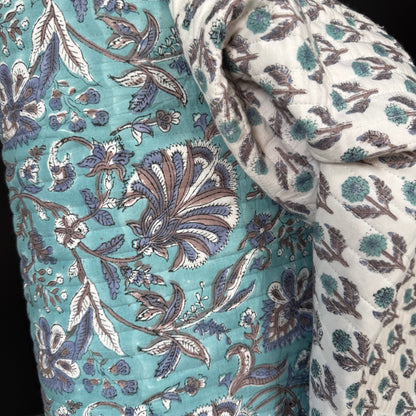 Blue Bell Vine Tranquil Blue + Botanical Buds - Quilted Bagru Indian Cotton Block Print (Reversible)