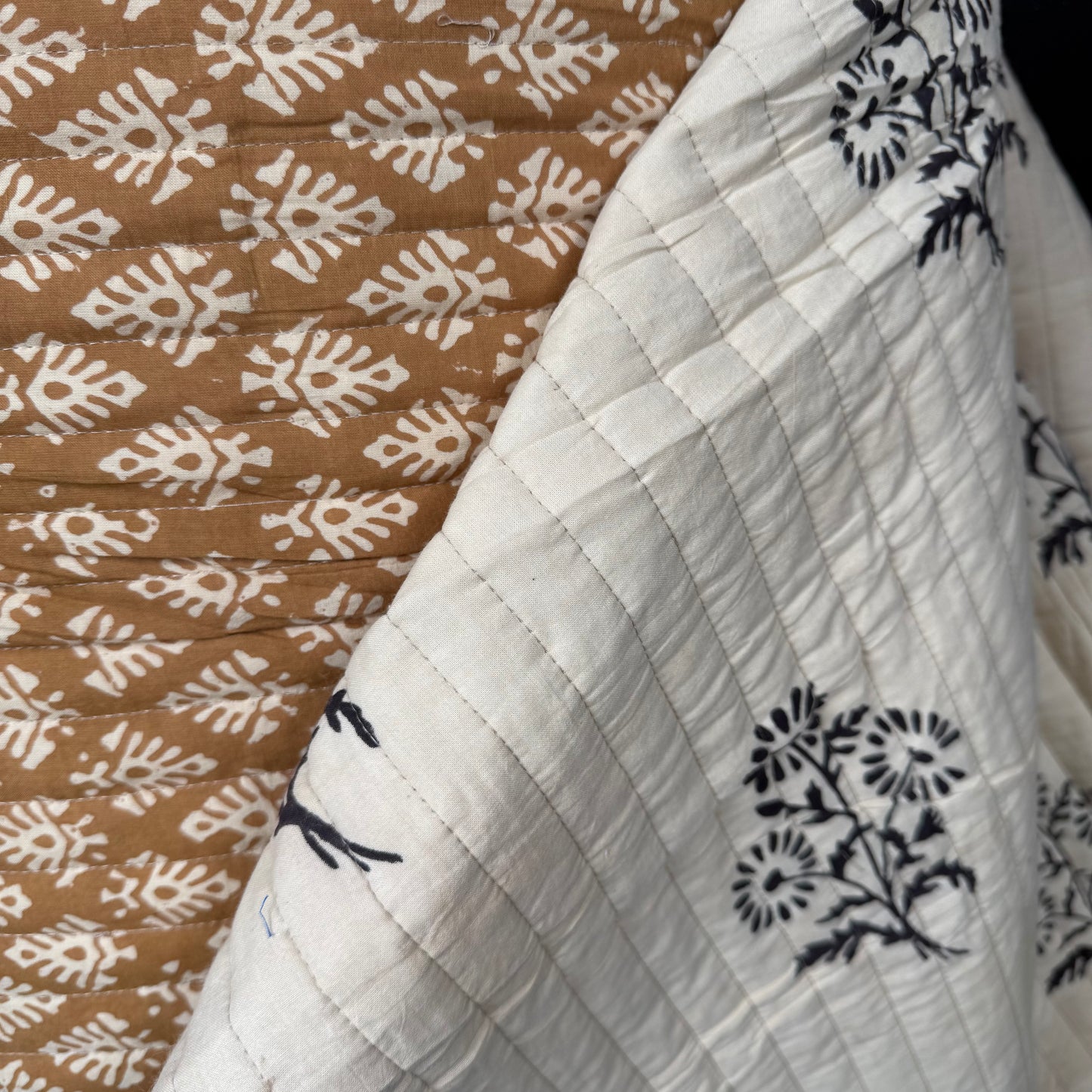 Wild Daisy Black + Block Leaf Cumin - Quilted Bagru Indian Cotton Block Print (Reversible)