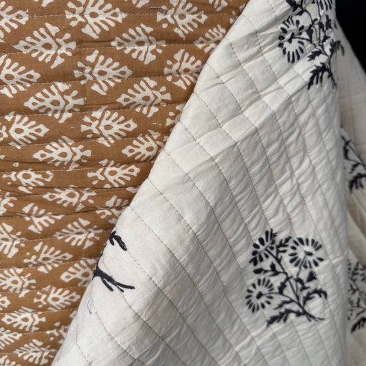 Wild Daisy Black + Block Leaf Cumin - Quilted Bagru Indian Cotton Block Print (Reversible)