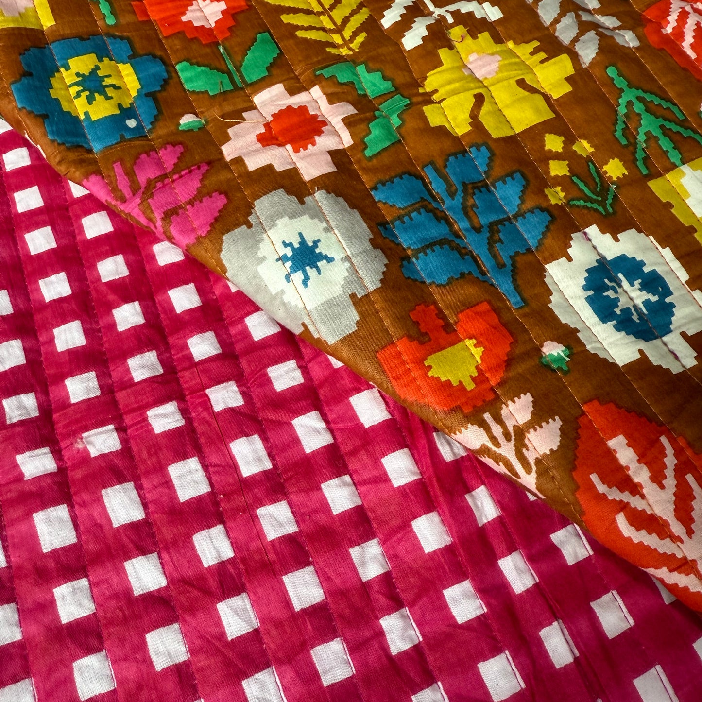 Pixel Garden Cinnamon + Retro Gingham Fuchsia - Quilted Bagru Indian Cotton Screen Print (Reversible)