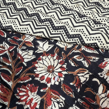 Ebony Blossom Vine + River Current Ebony - Quilted Bagru Indian Cotton Block Print (Reversible)