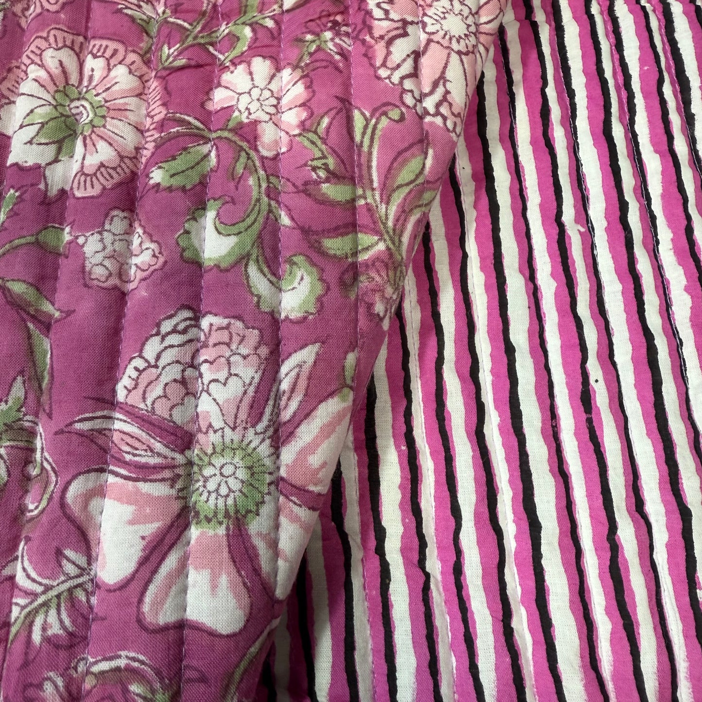 Licorice Stripes + Petal Cascade Pink - Quilted Bagru Indian Cotton Block Print (Reversible)