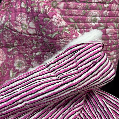 Licorice Stripes + Petal Cascade Pink - Quilted Bagru Indian Cotton Block Print (Reversible)