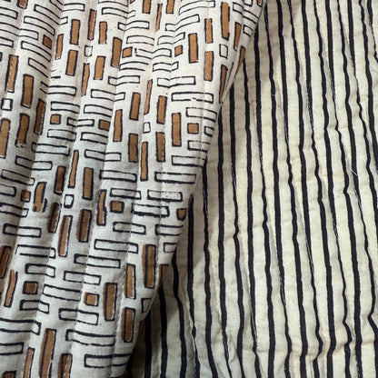 Golden Maze +Charcoal Stripe - Quilted Bagru Indian Cotton Block Print (Reversible)