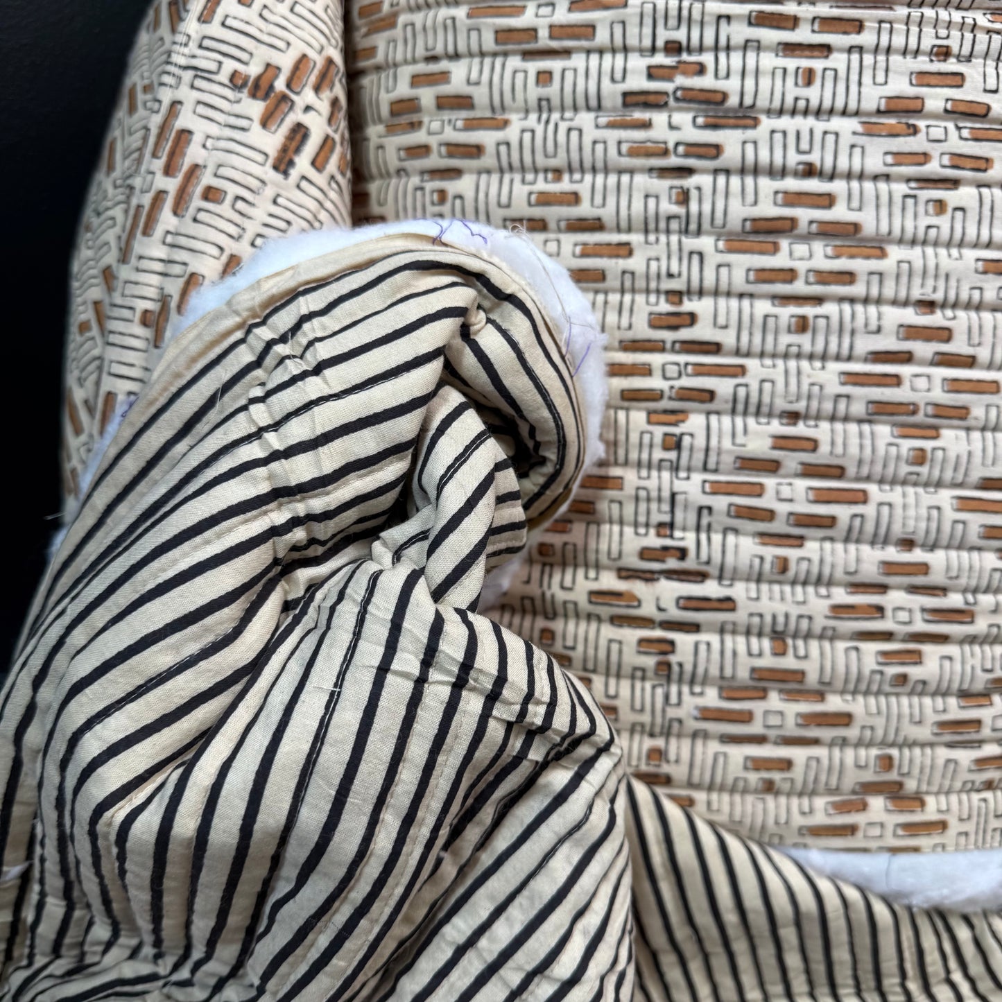 Golden Maze +Charcoal Stripe - Quilted Bagru Indian Cotton Block Print (Reversible)