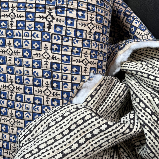 Mosaic Grid + Ebony Echo - Quilted Bagru Indian Cotton Block Print (Reversible)