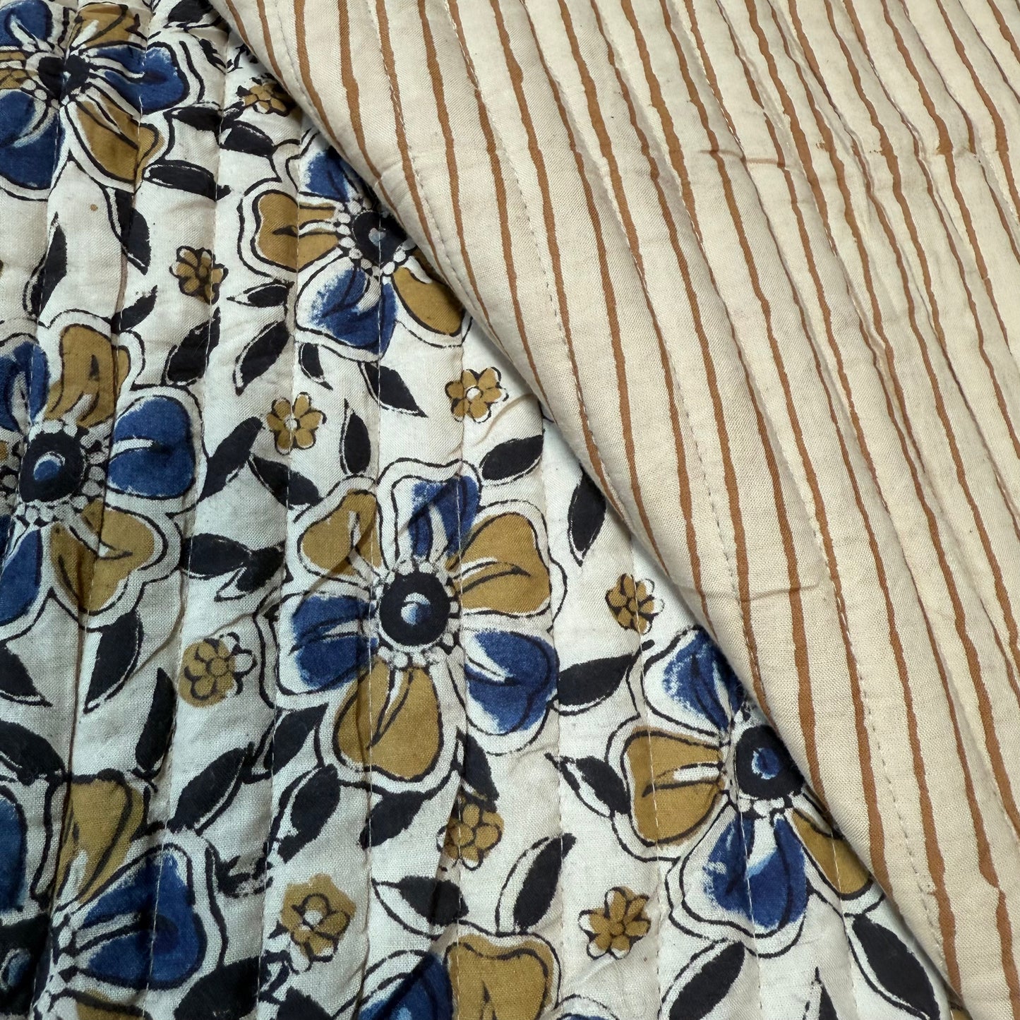 Cumin Stripe + Petals Indigo/Cumin  - Quilted Bagru Indian Cotton Block Print (Reversible)