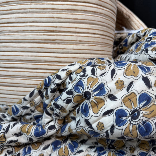 Cumin Stripe + Petals Indigo/Cumin  - Quilted Bagru Indian Cotton Block Print (Reversible)