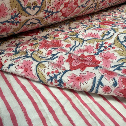 Pink Stripe + Ranis Rose - Quilted Bagru Indian Cotton Block Print (Reversible)