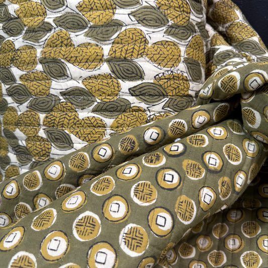 Desert Tokens Moss + Earth Canopy - Quilted Bagru Indian Cotton Block Print (Reversible)
