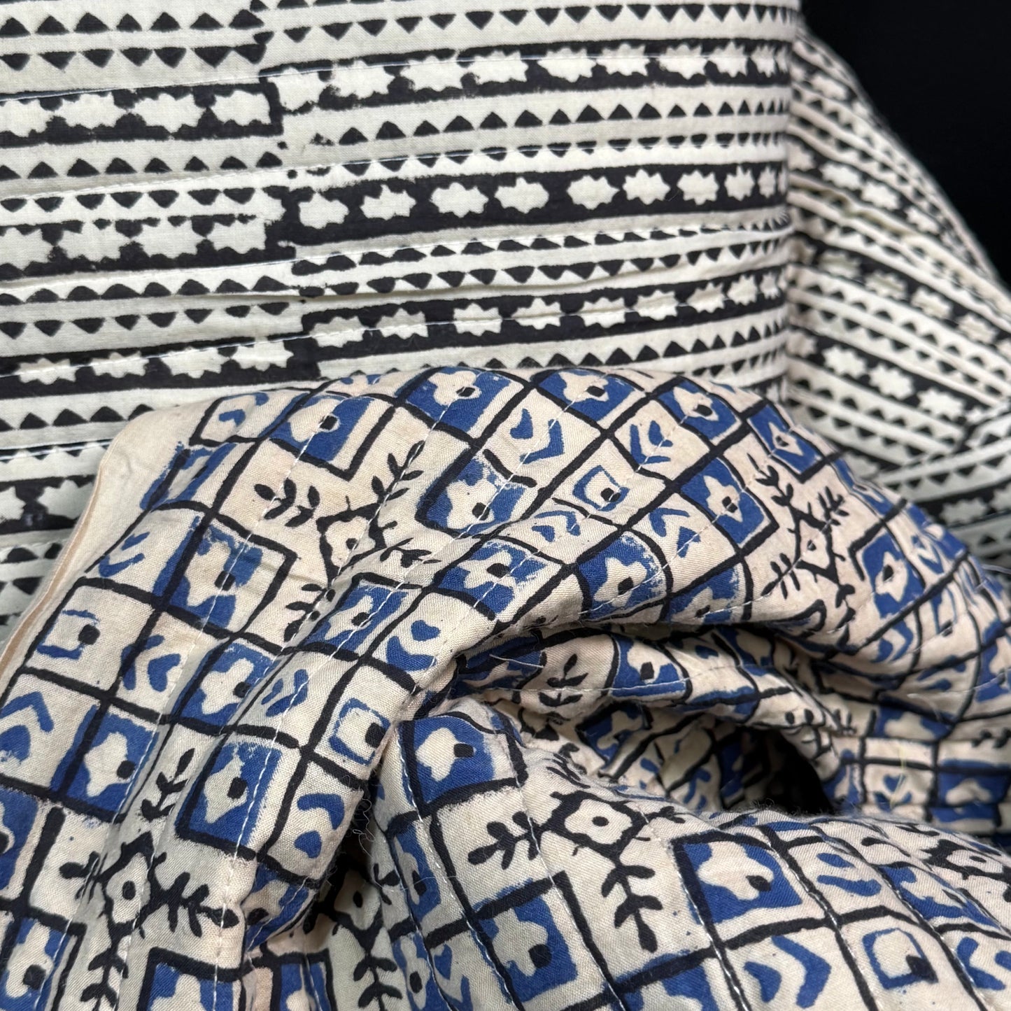 Indigo Mosaic + Ebony Echo - Quilted Bagru Indian Cotton Block Print (Reversible)