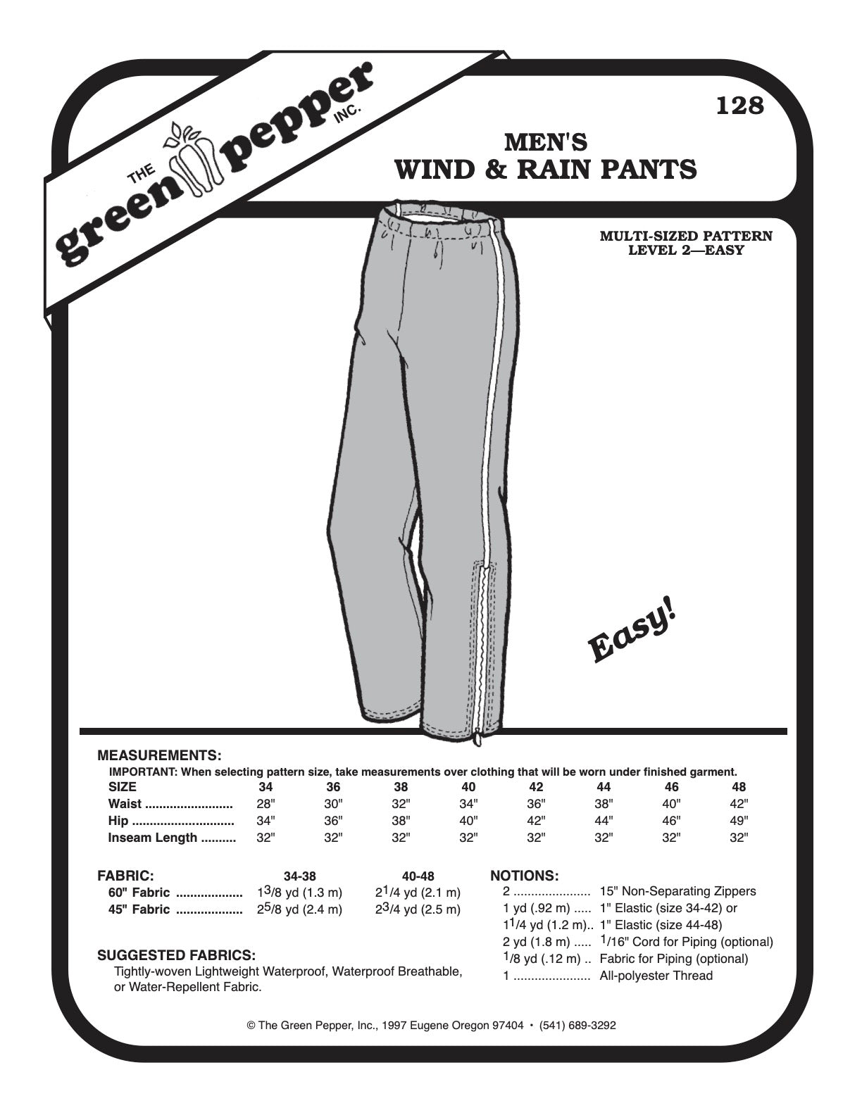 Adult Wind & Rain Pants Pattern - 128 - The Green Pepper Patterns - Simplifi Fabric