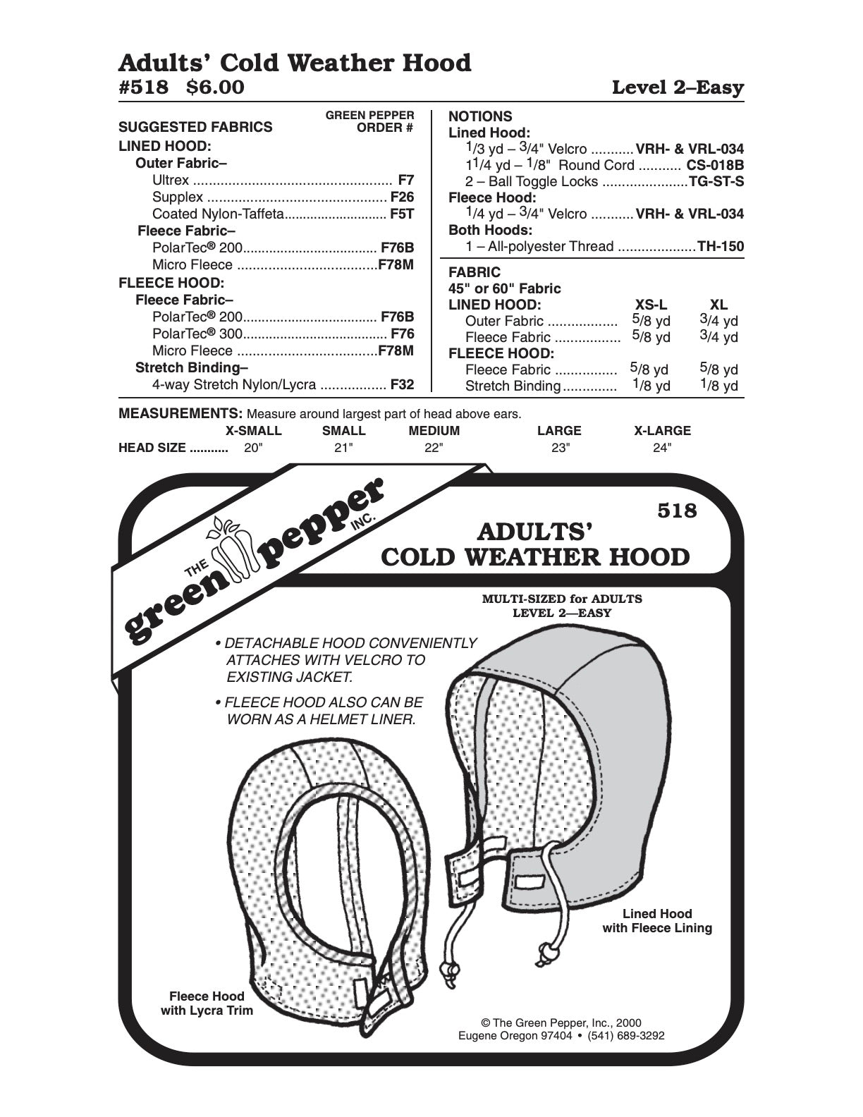 Adult’s Cold Weather Hood Pattern - 518 - The Green Pepper Patterns - Simplifi Fabric