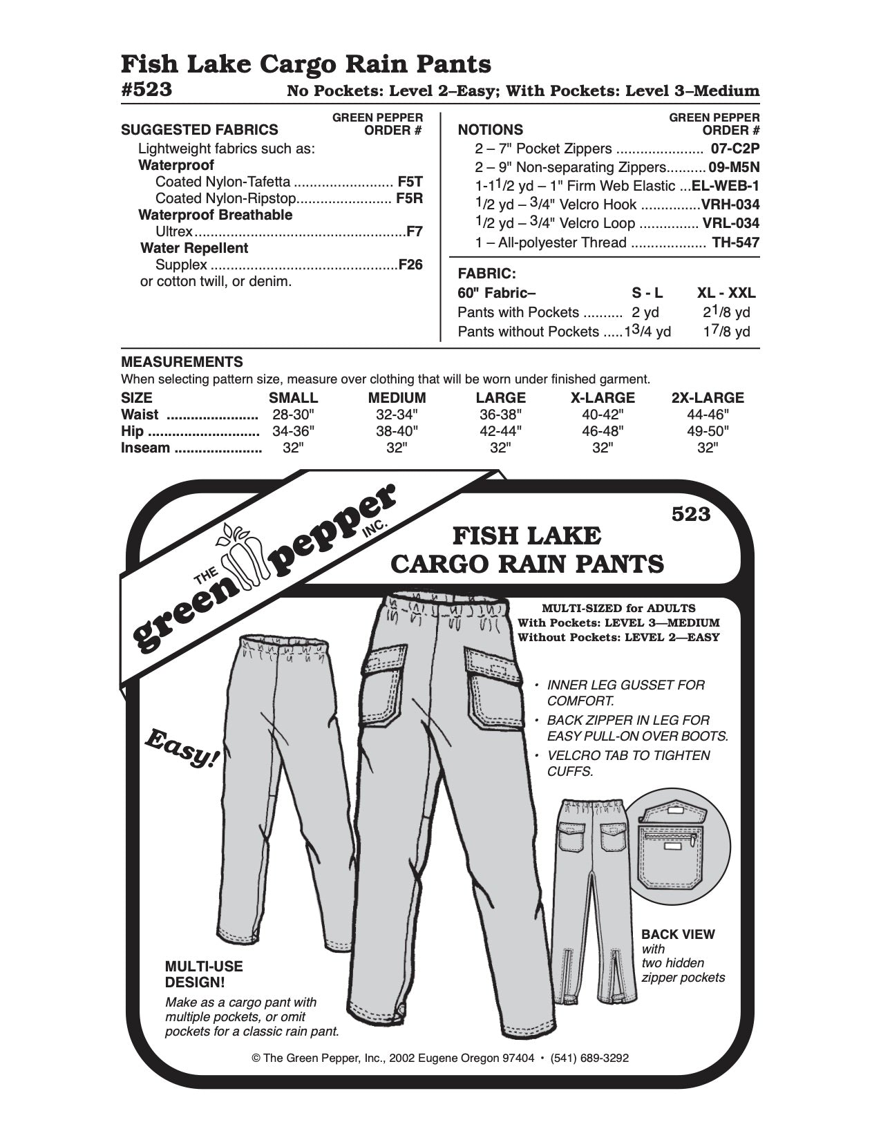 Adult’s Fish Lake Cargo Rain Pants Pattern - 523 - The Green Pepper Patterns - Simplifi Fabric