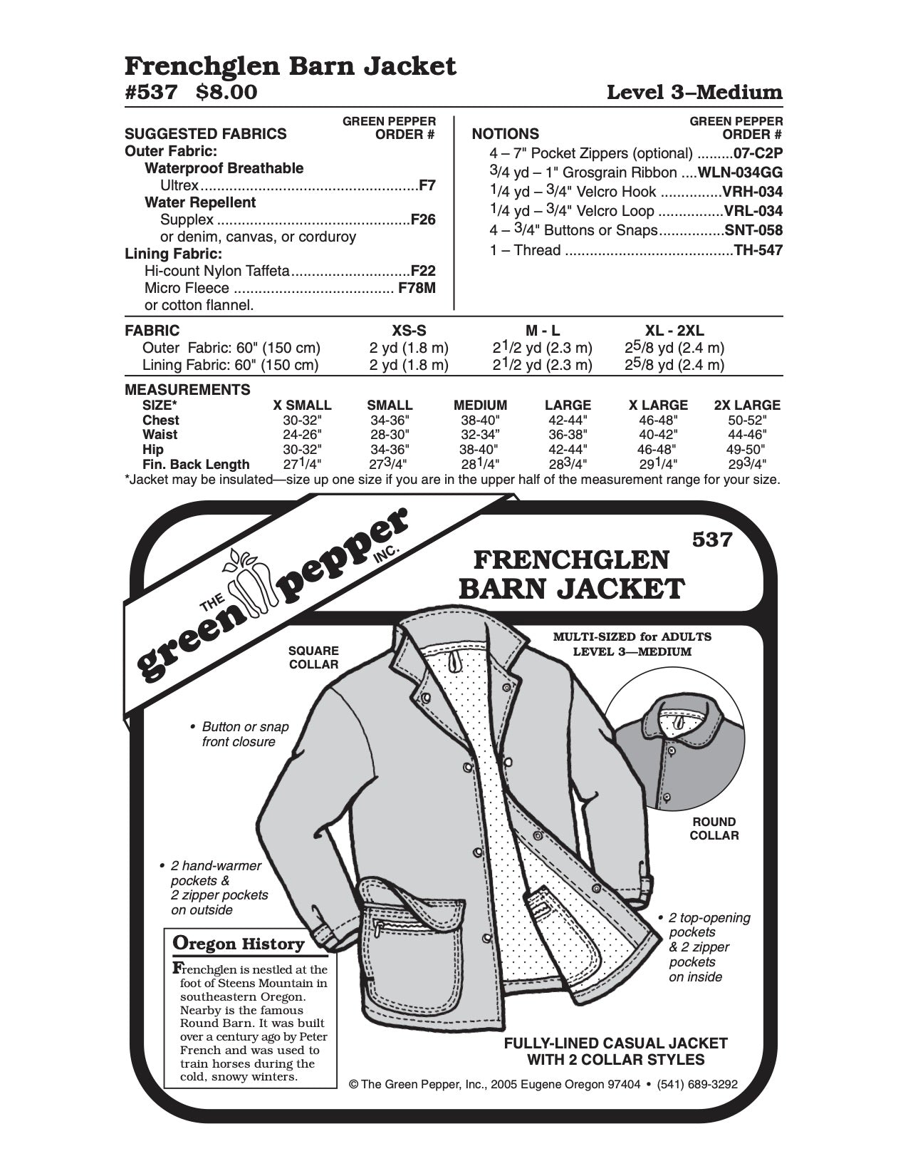 Adult’s Frenchglen Barn Jacket Pattern - 537 - The Green Pepper Patterns - Simplifi Fabric