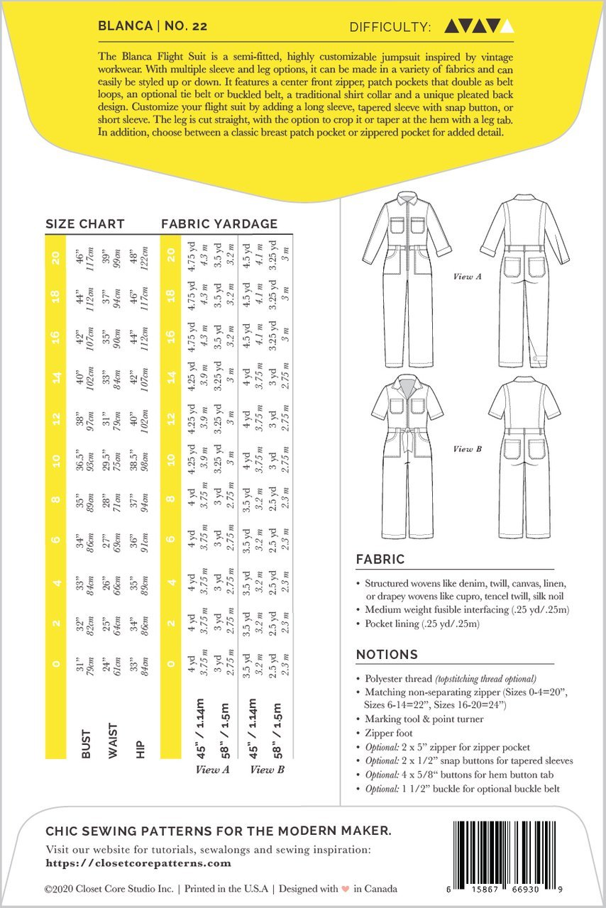 Blanca Flight Suit Pattern - Closet Core Patterns - Simplifi Fabric