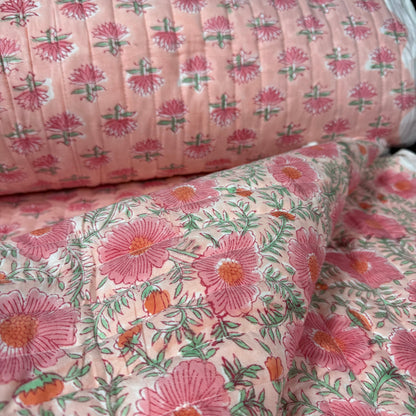 Blush Meadow + Rosewater Lotus - Quilted Bagru Indian Cotton Block Print (Reversible) - Simplifi Fabric