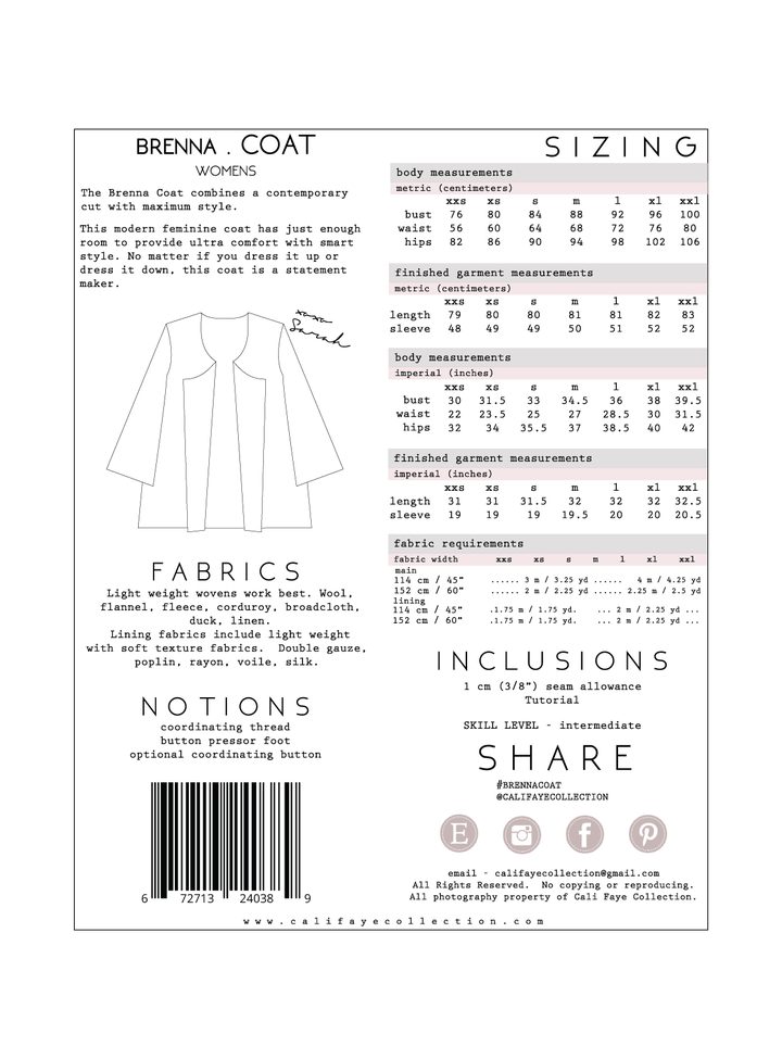 Brenna Coat Sewing Pattern - Cali Faye Collection - Simplifi Fabric