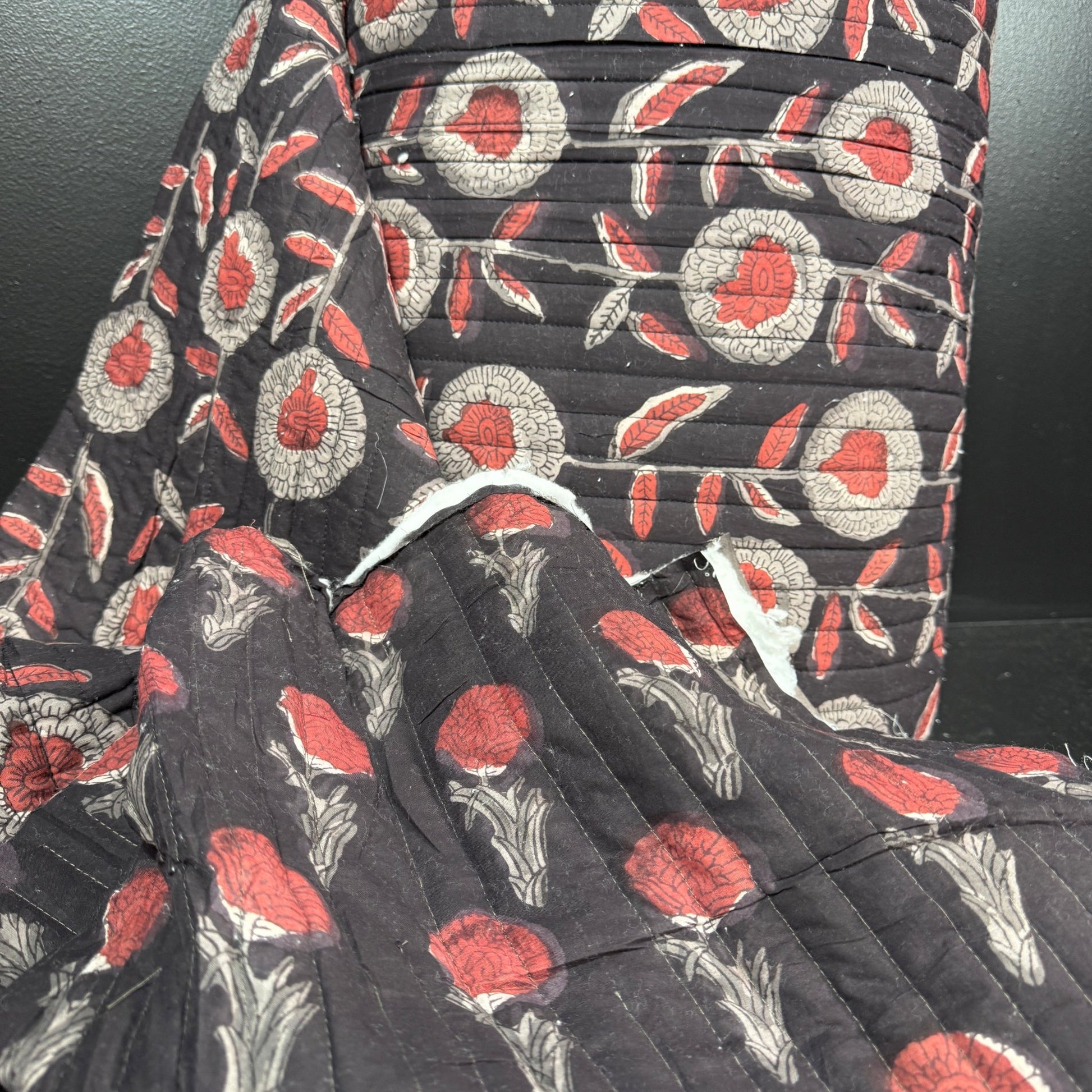 Charcoal Garden + Noir Marigold - Quilted Bagru Indian Cotton Block Print (Reversible) - Simplifi Fabric