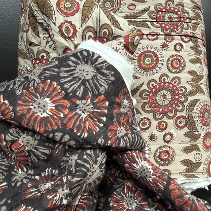 Charcoal Wildflower + Folk Art Bloom - Quilted Bagru Indian Cotton Block Print (Reversible) - Simplifi Fabric
