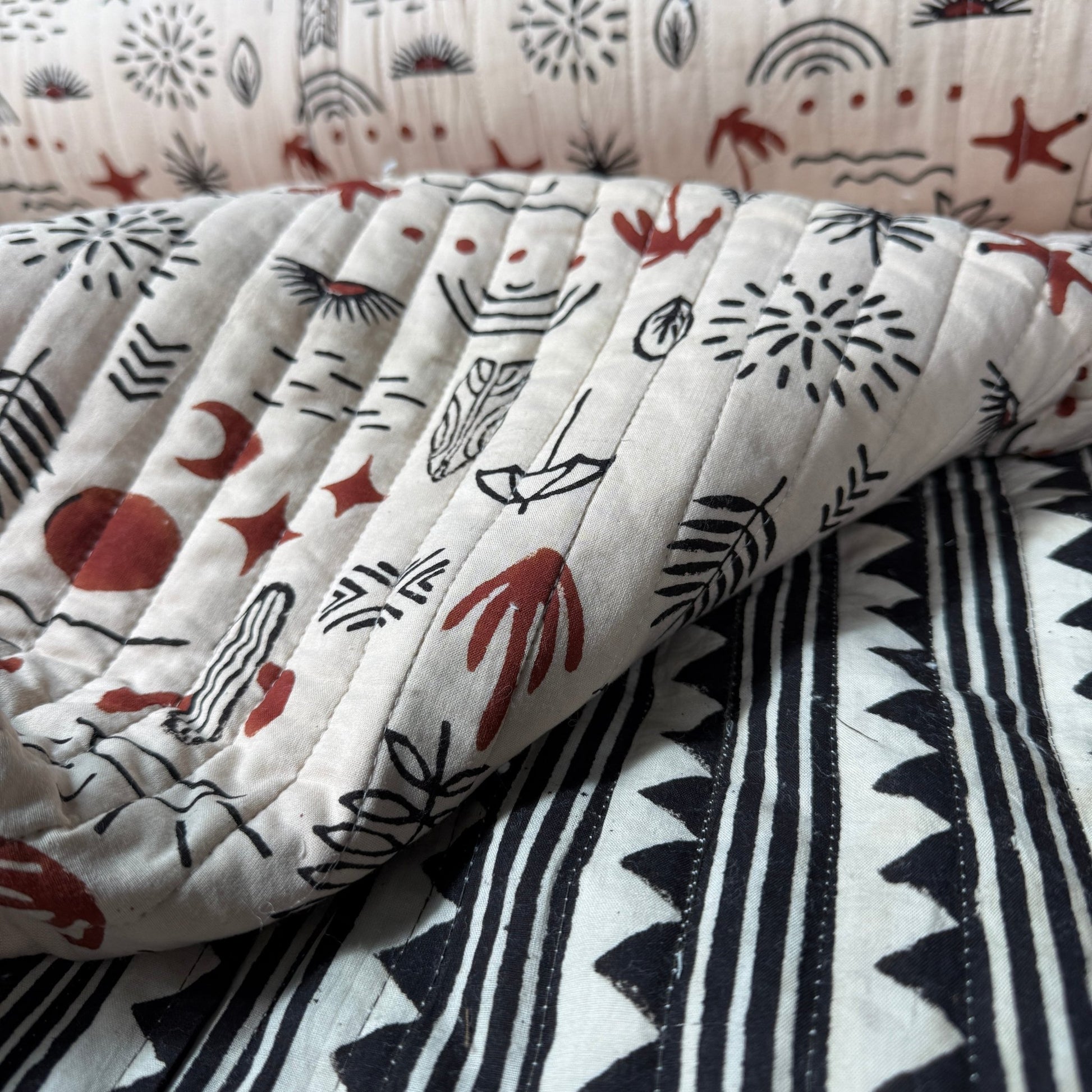 Desert Doodle + Geo Ridge Stripe - Quilted Bagru Indian Cotton Block Print (Reversible) - Simplifi Fabric