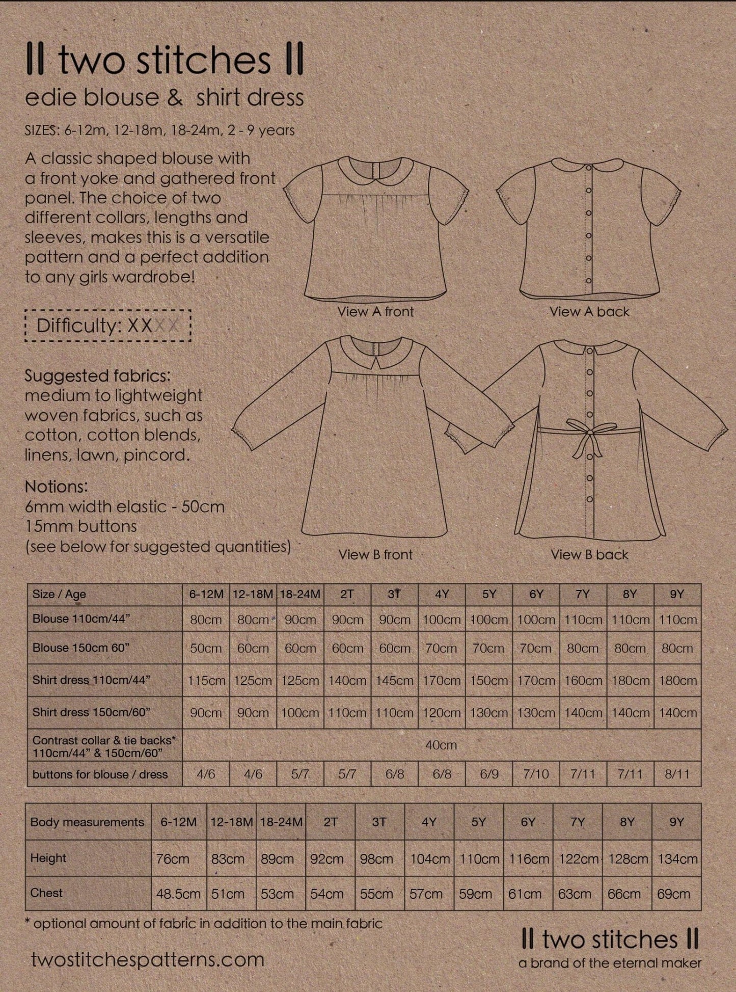 Edie Blouse & Shirtdress - Kids Paper Sewing Pattern - Two Stitches Patterns - Simplifi Fabric