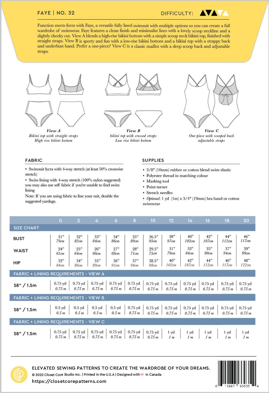 Faye Swimsuit Pattern (0 - 20) - Closet Core Patterns - Simplifi Fabric