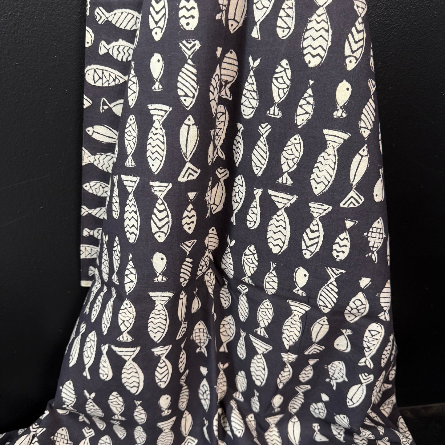 Fish School Black - Bagru Indian Cotton Block Print