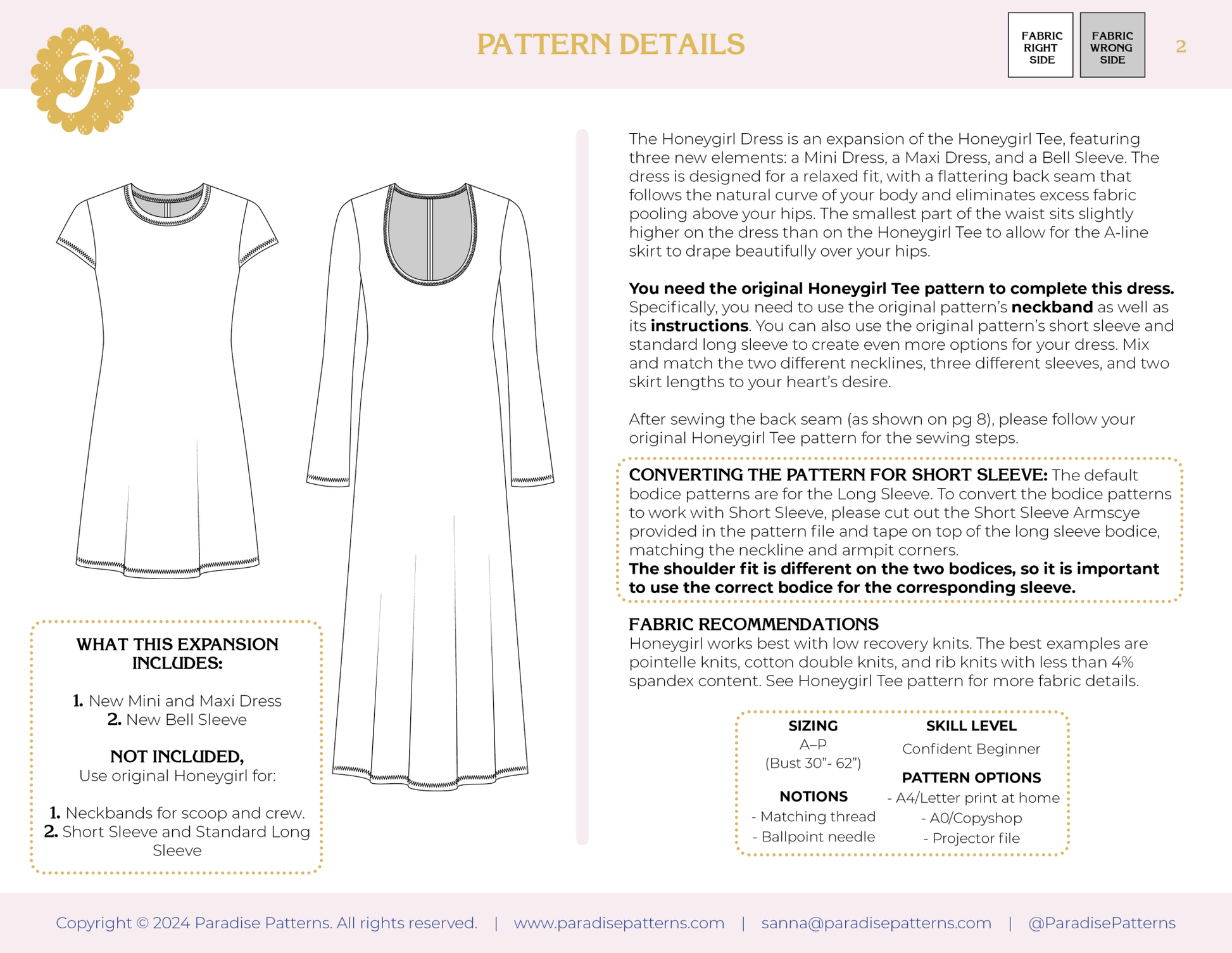 Honeygirl Dress Expansion PDF Pattern - Paradise Patterns - Simplifi Fabric