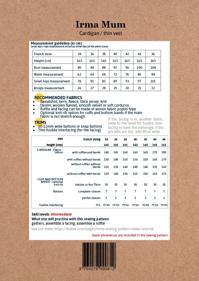 Irma Mum Cardigan or Thin Vest Sewing Pattern - Ladies 34/46 - Ikatee - Simplifi Fabric