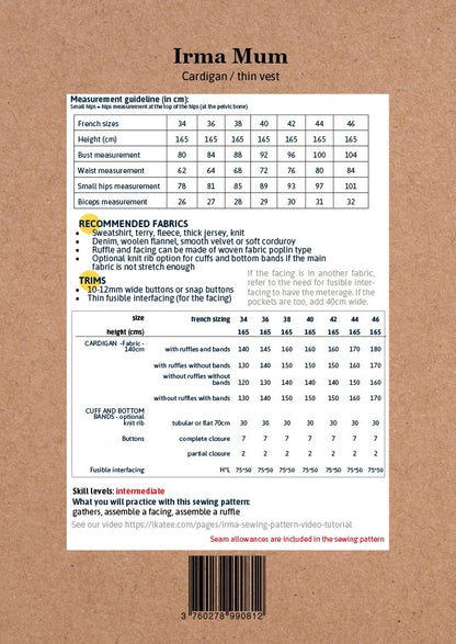 Irma Mum Cardigan or Thin Vest Sewing Pattern - Ladies 34/46 - Ikatee - Simplifi Fabric