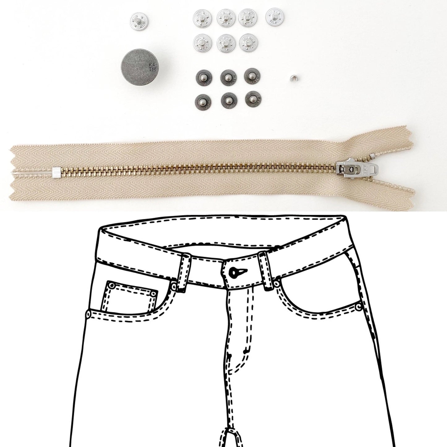 Jeans Hardware Kit - REFILL KIT - Beige Zipper / Pewter Hardware - Kylie And The Machine - Simplifi Fabric