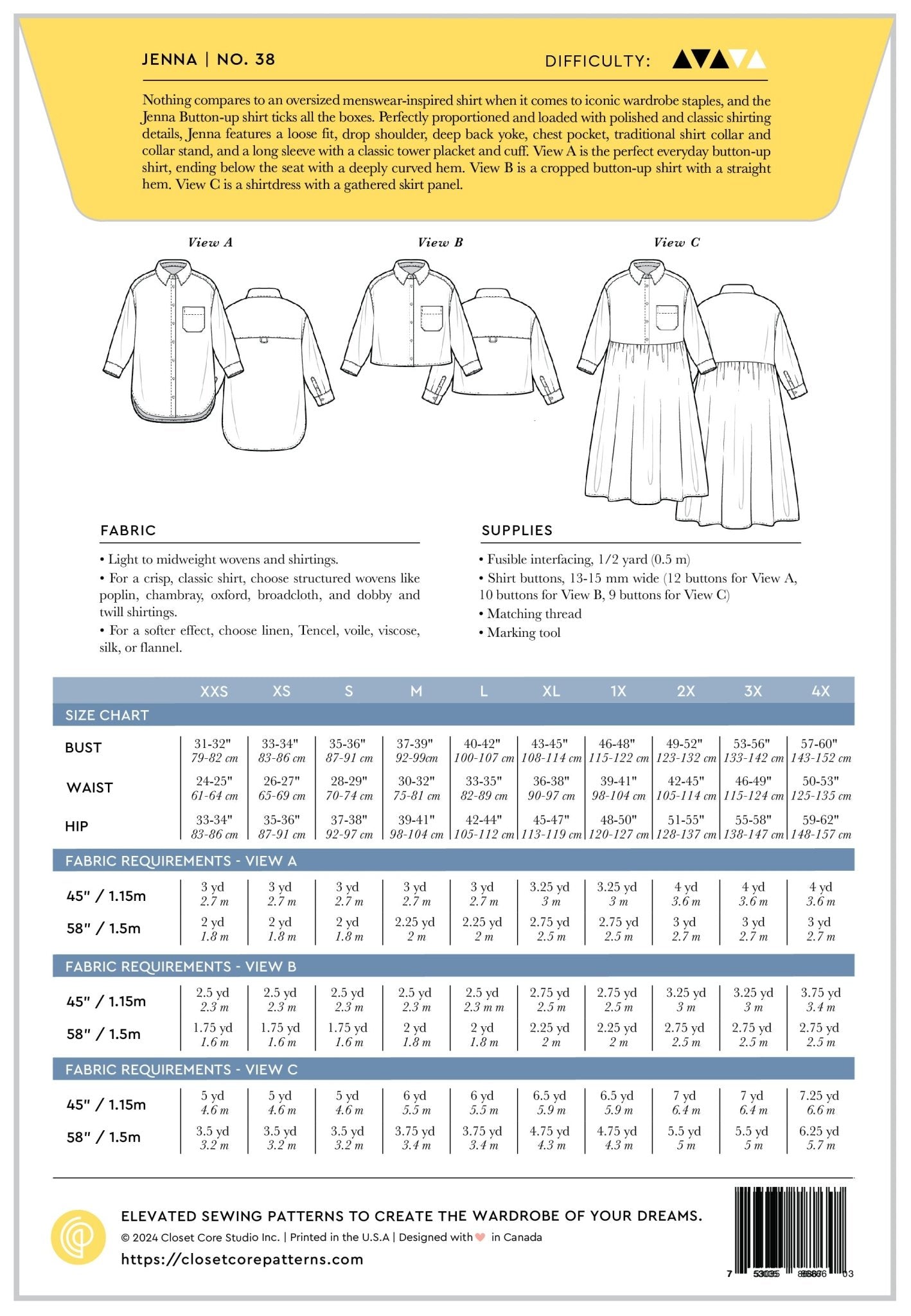 Jenna Shirt + Shirtdress - Closet Core Patterns - Simplifi Fabric