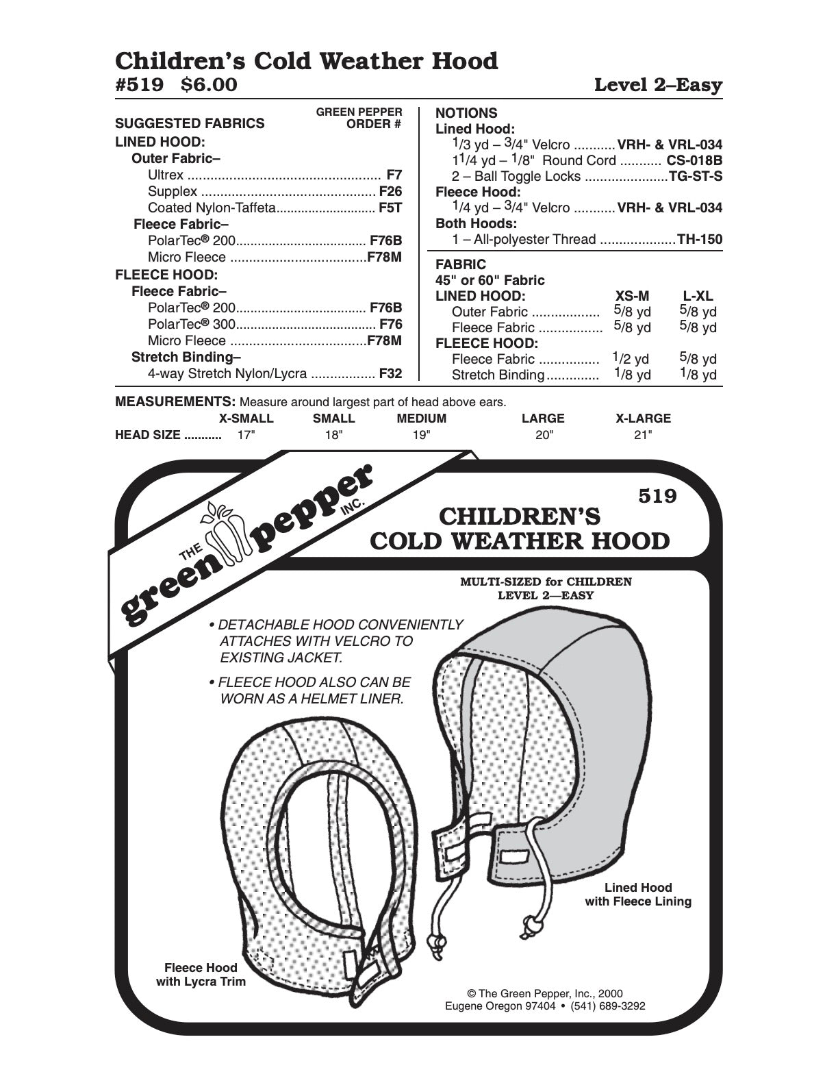 Kid’s Cold Weather Hood Pattern - 519 - The Green Pepper Patterns - Simplifi Fabric